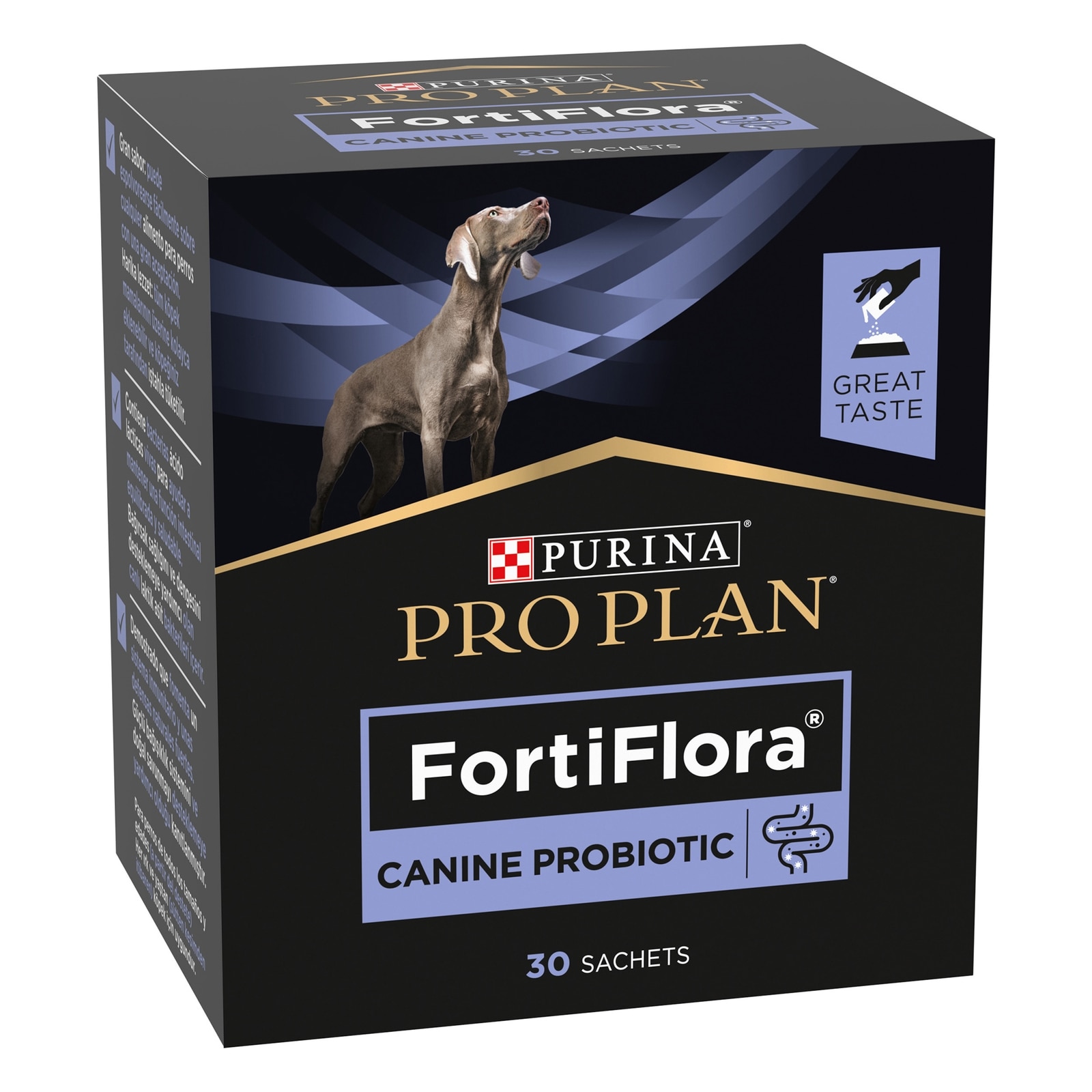 12937625-5915160521283201 FortiFlora Ergänzungsfuttermittel Hund (seitliche Packungsansicht)
