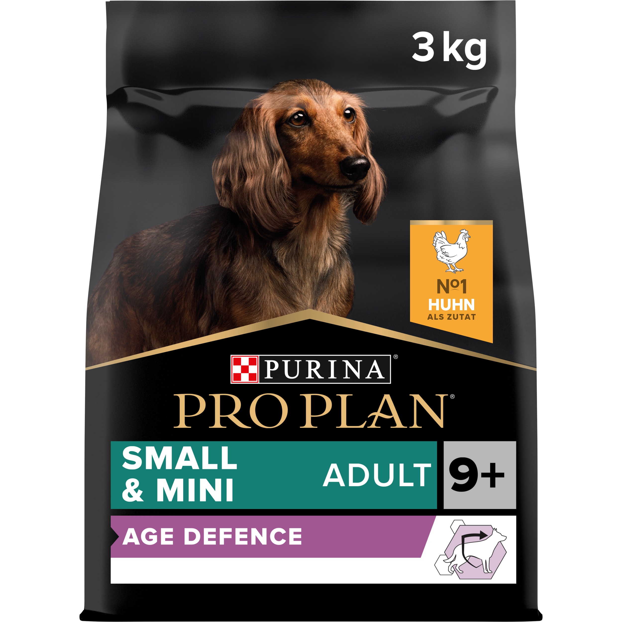 Age Defence 9+, Trockenfutter für sehr kleine&kleine Hunde ab 9 Jahren, reich an Huhn 3kg Small/Mini Adult Age Defence 9+ Packungsansicht