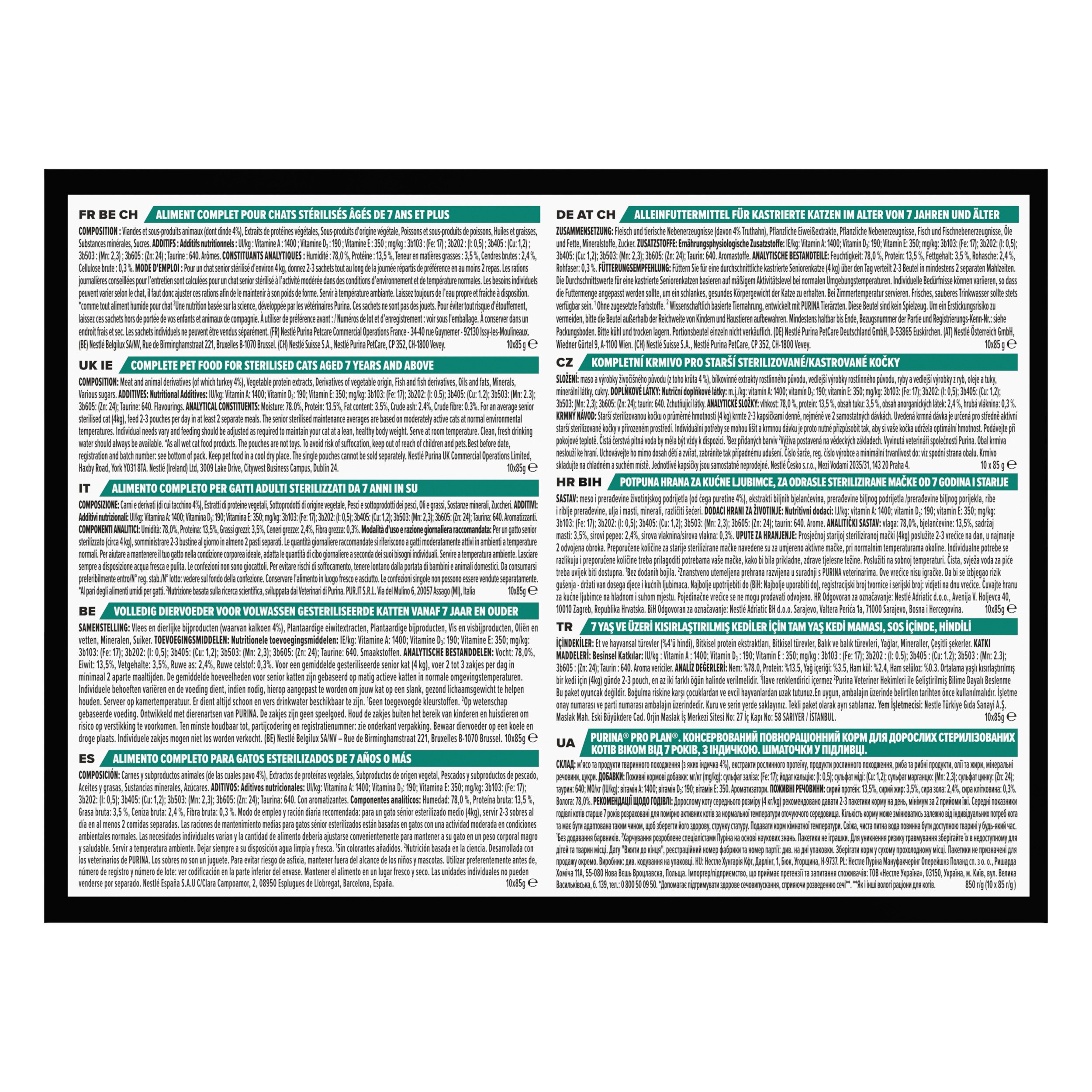 PRO PLAN STERILISED Senior Nassfutter Truthahn in Sauce 10 x 85g Seite, Text, Werbung, Plakat, Buch