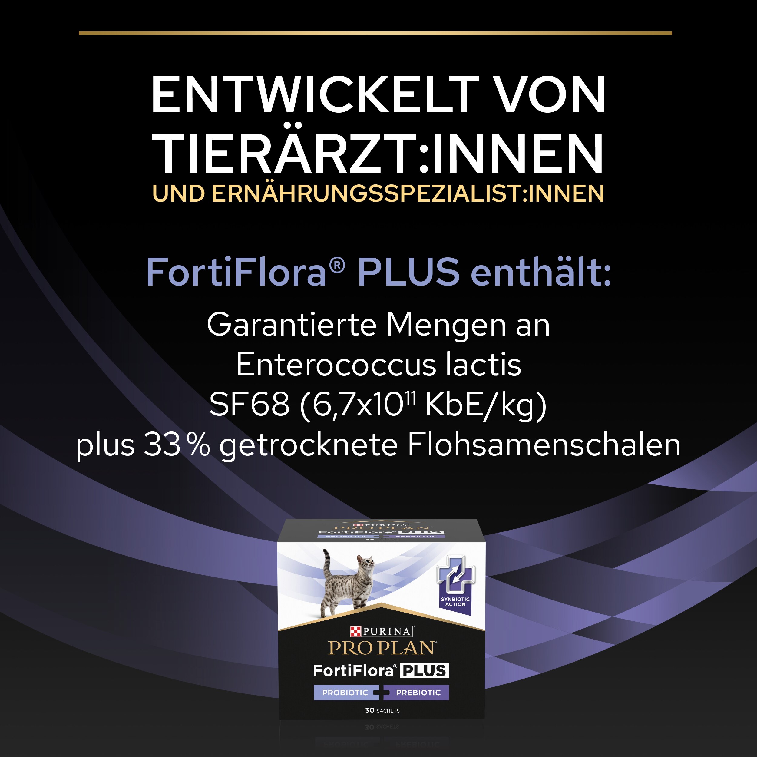 Infografik zu FortiFlora PLUS für Katzen mit Hinweisen zur Entwicklung durch Tierärzte und Ernährungsspezialisten, den Inhaltsstoffen Enterococcus lactis und Flohsamenschalen sowie Produktverpackung.